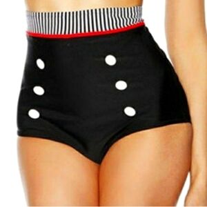 NWOT Retro Style Black and White High Waist Bikini Bottoms Medium w/ Red Accents